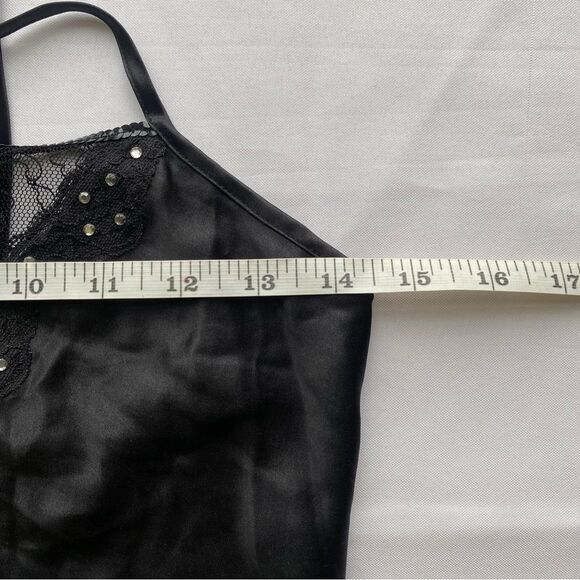 Vintage Y2K Black Silk Bedazzled Fringe Slip Dress Size Extra Small - Picture 14 of 15